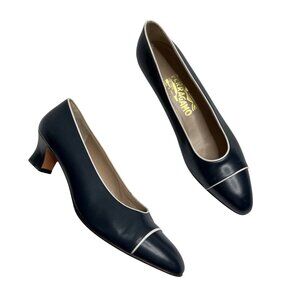 Vintage Salvatore Ferragamo Womens Navy Blue Leather Block Heel Pumps 9 AA